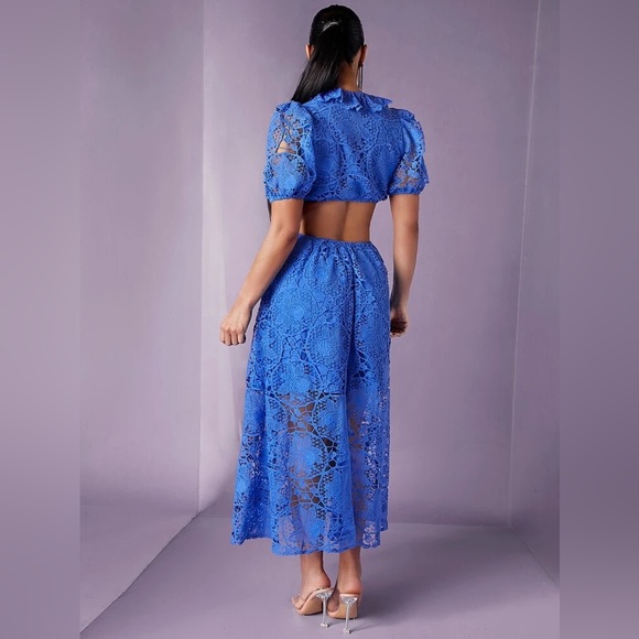 Ruffle Trim Cut Out Waist Lace Overlay Dress - Picture 3 of 8